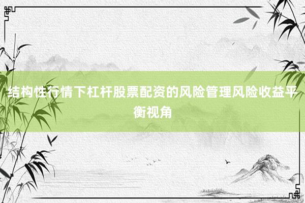 结构性行情下杠杆股票配资的风险管理风险收益平衡视角